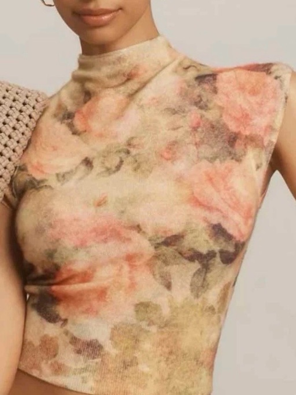 Anthropologie Cashmere Knit Floral Mock Neck Crop Top